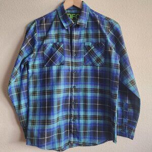 Dixxon Flannel Shirt Youth XL Blue Plaid D-Tech Button Front Long Sleeve Casual